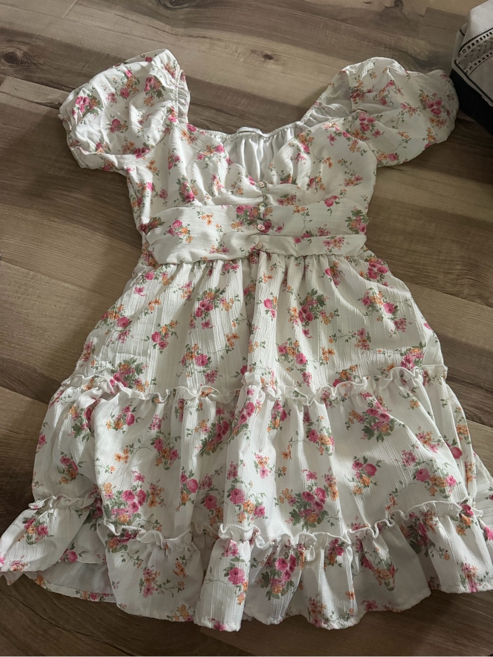 White Floral Ruffle Dress with Pink Roses